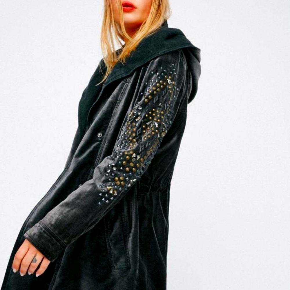 Black/dark grey velvet jeweled parka free people